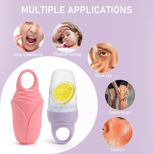 3 Pcs Facial Ice Roller Silicone Mold Reusable for Face Women and Eye Neck Cold Skin Care Tools Freezer De Puff Eye Bags Reduce Migraine Pain Pink 1 + Purple 2