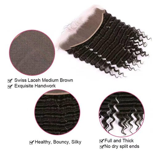 13x4 HD Lace Frontal Closure Deep Wave 16 Inch Ear To Ear Frontal Free Part Closure with Baby Hair Brazilian Virgin Curly Human Hair for Women Pre Plucked Frontals Closure Natural Black