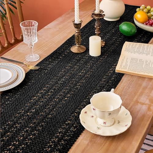Black Macrame Burlap Table Runner - Farmhouse Boho Decor, 11.8 x 35.4 in - Variation of THIS listing