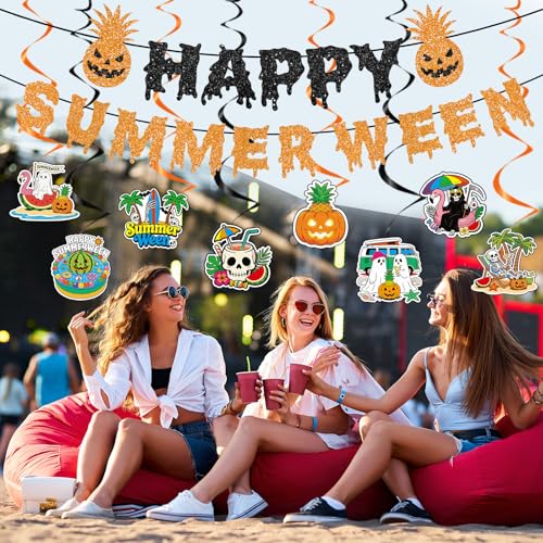 Summer Ween Party Decorations - 10PCS Glitter Banners & Hanging Swirls, Halloween in Hawaii Theme