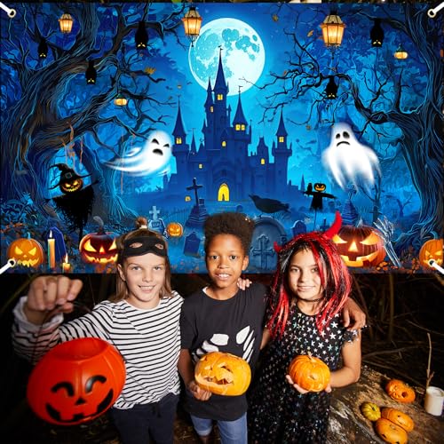 Avezano Halloween Horror Moon Castle Banner 6x3.6ft - Spooky Backdrop for Parties