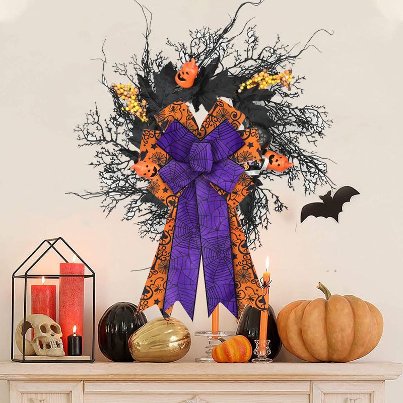Halloween Burlap Spider Web Wreath Bow - Purple & Orange Fall Decor - Style1