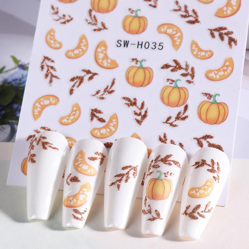 Fall Pumpkin & Maple Leaf Nail Stickers - Style7 Halloween DIY Manicure