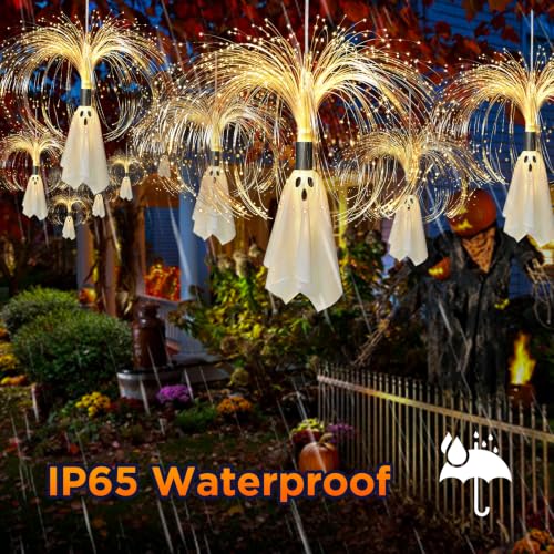 2FT Solar Ghost Garden Lights - Outdoor Halloween Decorations, Warm White 2-Pack