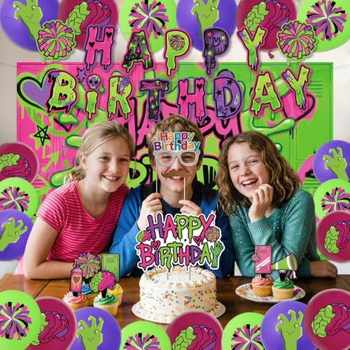 Zombie Party Decorations Set with Cake Toppers Banner Balloons Backdrop - Horror High School Theme