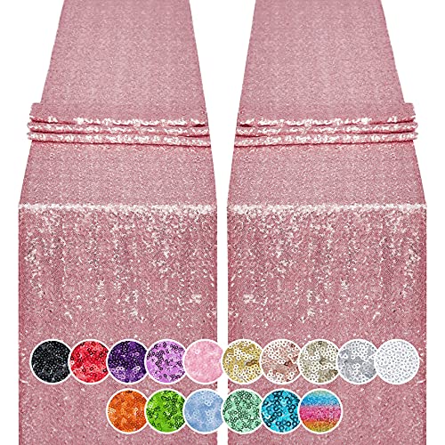 12x72 Inch Rose Pink Sequin Table Runner 2-Pack for Wedding Party Events