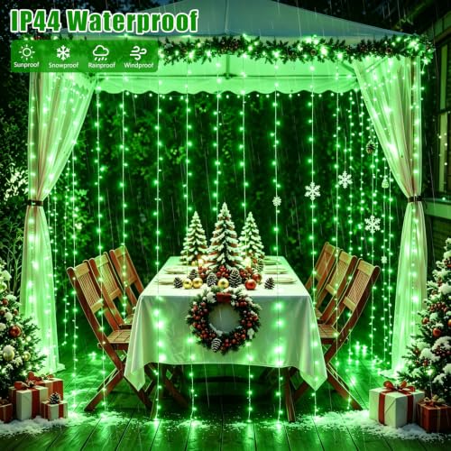 Green Halloween LED Curtain Lights - 300 LEDs, 8 Modes, Waterproof, 9.8x9.8ft, Connectable