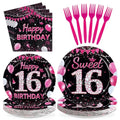 16th Birthday Party Plates Set - 24 Hot Pink Sweet 16 Dinner & Dessert Plates with Napkins & Forks - Variation of 16th Plates