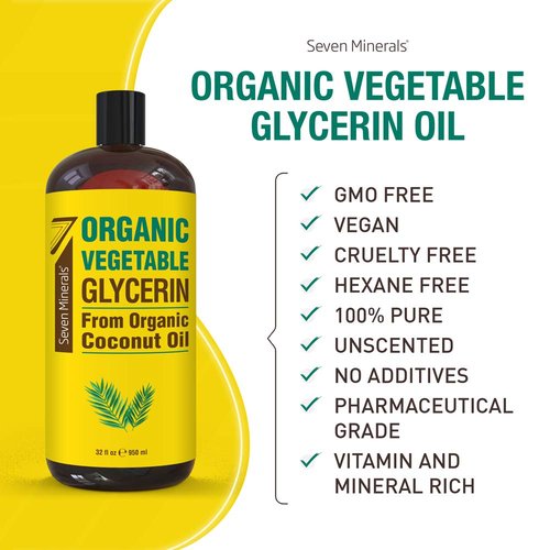 Seven Minerals, Organic Vegetable Glycerin - Big 32 fl oz Bottle - No Palm Oil, Made with Organic Coconut Oil - Therapeutical Grade Glycerine for DIYs - Hair, Nails & Skin Moisturizer - Non-Gmo
