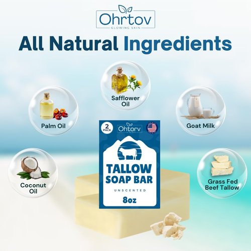 Beef Tallow Soap Bar – All Natural Grass Fed Tallow Soap Unscented – Moisturizing Face & Body Wash Great for Eczema, Dry, Itchy, Sensitive Skin – Handcrafted Bath Soap for Adults, Kids, Made in USA