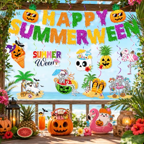 Colorful Summerween Party Decorations Set with Banner & Hanging Swirls