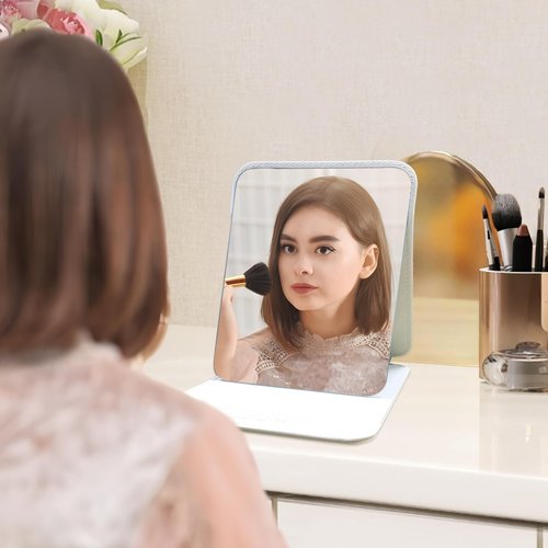 SYHITOU Foldable Travel Makeup Mirror, Adjustable Angle Portable Standing Vanity Mirror, Compact PU Leather Design for Home/Camping/Desktop Use,Elegant White(8.4"x6")