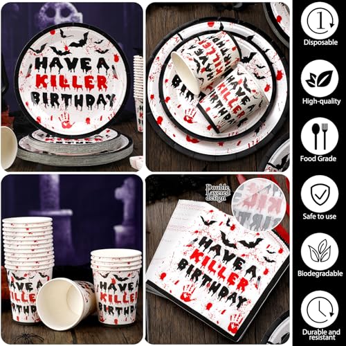 Scary Horror Birthday Party Supplies Set - Blood & Handprint Tableware, 48 Plates, Cups, Napkins & Utensils - Have a Killer Theme