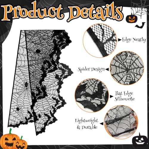 Halloween Cobweb Mantel Scarf Cover with Bat Design - Black 4, 18x96 in
