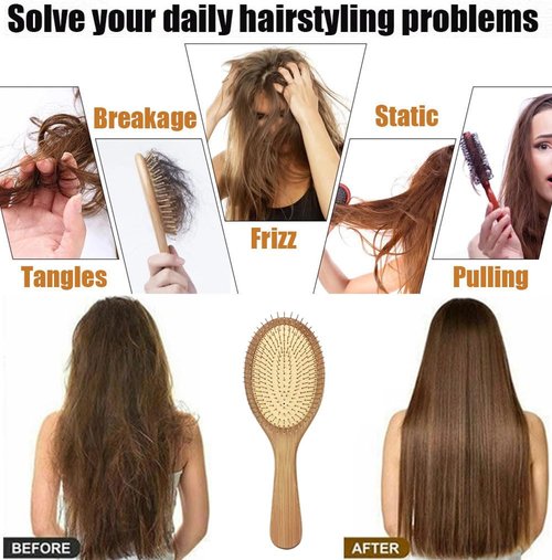 Skiennix Wooden Paddle Detangling Brush - Anti-Frizz Metal Bristle Hairbrush for All Hair Types