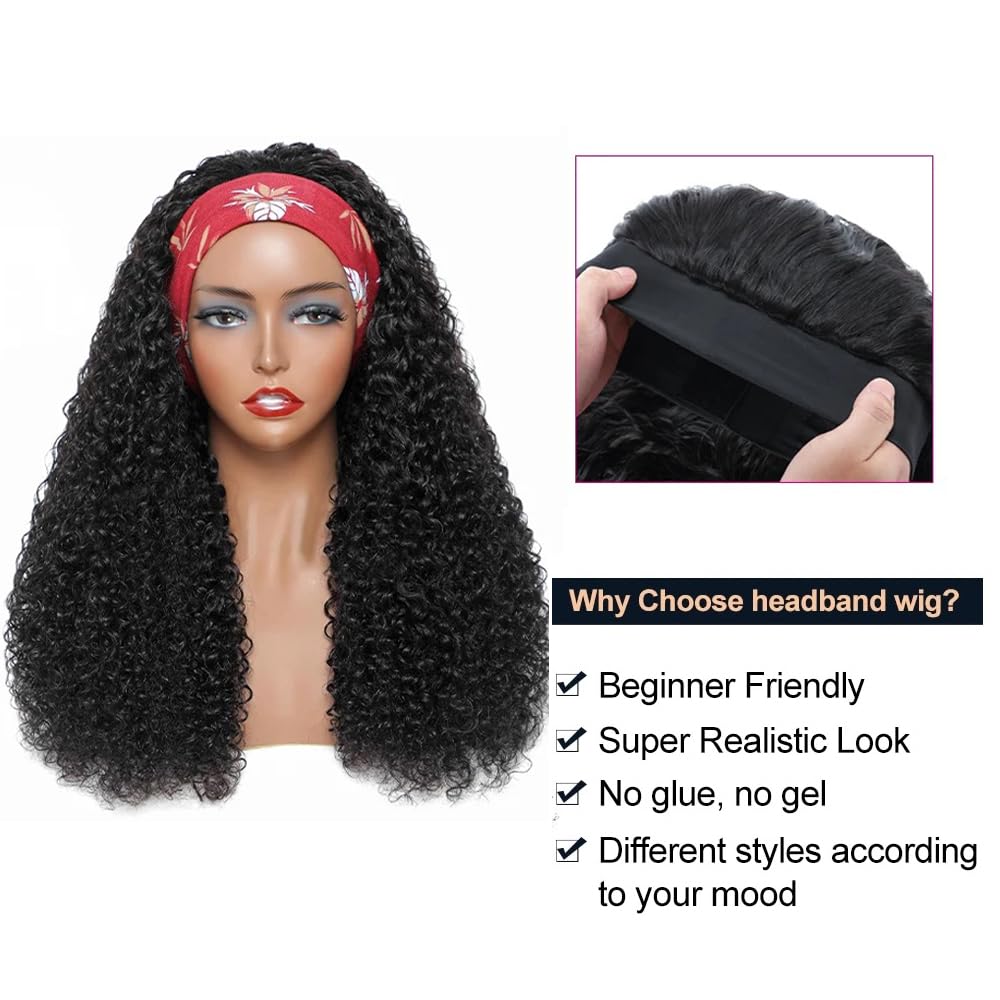 XSY Headband Wig Human Hair Kinky Curly 12 Inch Headband Wigs for Black Women None Lace Front Wig Curly Brazilian Wear and Go Glueless Wig 150% Density Natural Color