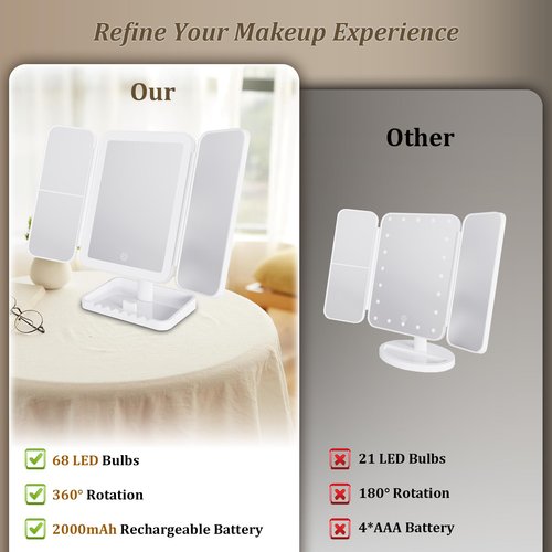 DailyCuddles Makeup Mirror Vanity Mirror with Lights, 3 Color Lighting Modes, 1X/2X/3X Magnification, Tri-fold, 360° Rotation, Phone Holder for Makeup, 2000mAh Rechargeable, Bedroom, Bathroom, (White)
