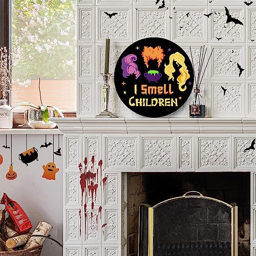 Halloween Wreath Door Sign with Witch Sisters and Bow Decor - Wooden Halloween Door Hanger