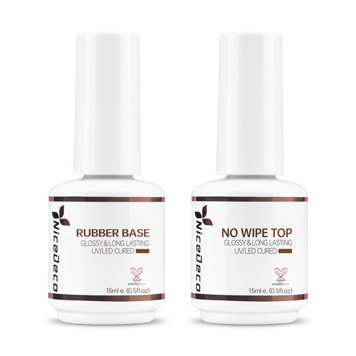 Nicedeco Hema Free Clear Rubber Base Gel Polish and No Wipe Gel Top Coat Cruelty Free Vegan Glossy Shinny Nail Art