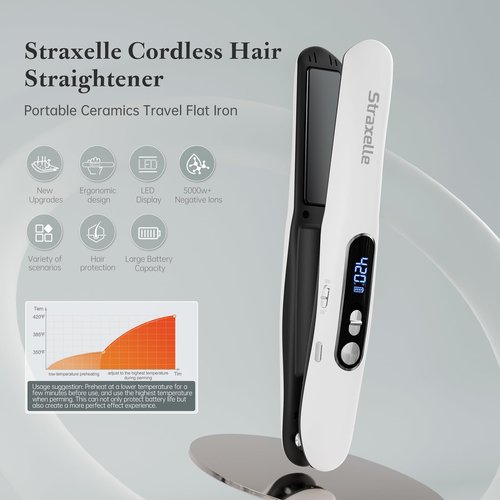 Straxelle Mini Flat Iron Hair Straightener, 2 in 1 Cordless Hair Straightener and Curler for Travel, 5000mAh Rechargeable Straighteners, 350°F-420°F Portable Flat Iron for Women