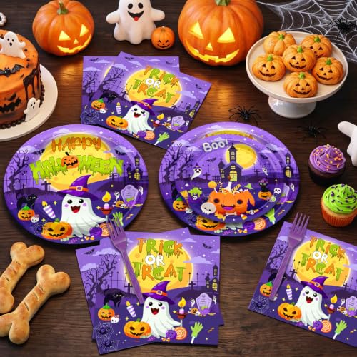 Halloween Party Plates and Napkins Set - Disposable Pumpkin Ghost Theme - 96pcs