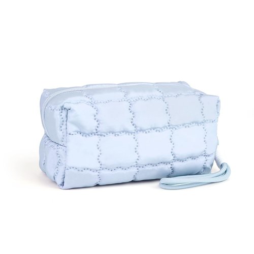 Richeart Makeup Bag Travel Toiletry Bag - Checkered Down Cotton Makeup Pouch for Women with Cosmetic and Pencil, Aesthetic Light blue Design, Small