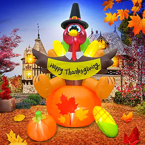 6FT Thanksgiving Inflatable Turkey Sat on Pumpkin with LED Lights - Outdoor Yard Decorations