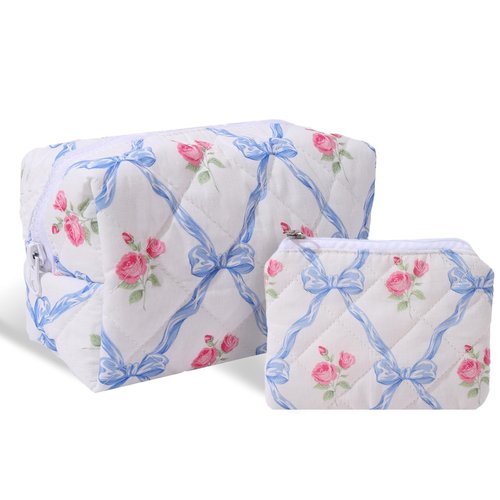 LYDZTION Cute Quilted Coquette Bow Cotton Makeup Bag with Purse Pouch - Aesthetic Stuff Travel Essentials Storage Bag for Lipstick Brushes, Blue