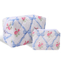 LYDZTION Cute Quilted Coquette Bow Cotton Makeup Bag with Purse Pouch - Aesthetic Stuff Travel Essentials Storage Bag for Lipstick Brushes, Blue