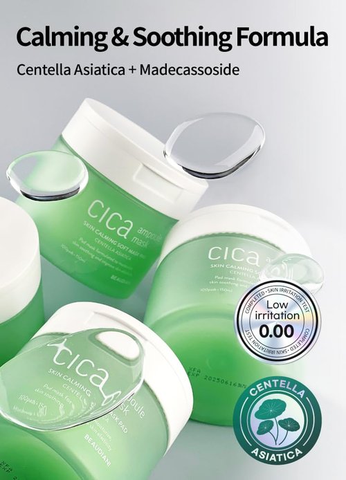 BEAUDIANI CICA Ampoule Mask Pads (Spot Mask) – Round Pre-Soaked Calming Pads with 3,026 PPM Centella Asiatica, 5-Hyaluronic Acid & Peptide Complex, Low-Irritation Tested, 100 Pads / 150ml