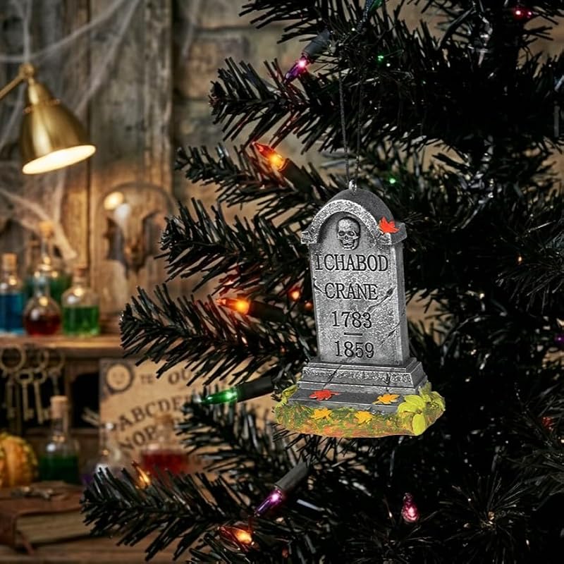 Halloween Tombstone Ornament with Ichabod Crane - Spooky Graveyard Decor