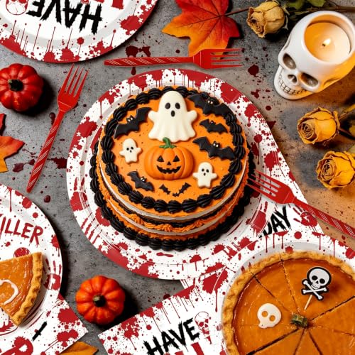Halloween Killer Party Plates and Napkins Set - Spooky Blood-Stained Design - Variation of THIS listing