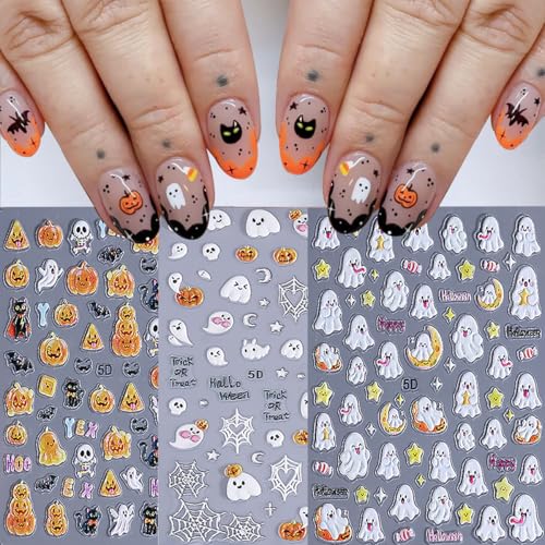 Halloween Ghost Nail Stickers - 3 Sheets Self-Adhesive Pumpkin Spider Web Decals - Variation of THIS listing: 6