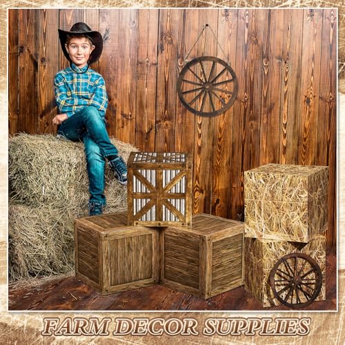 Western Cowboy Party Decorations Set with Hay Bales and Wagon Wheels - Rustic Theme