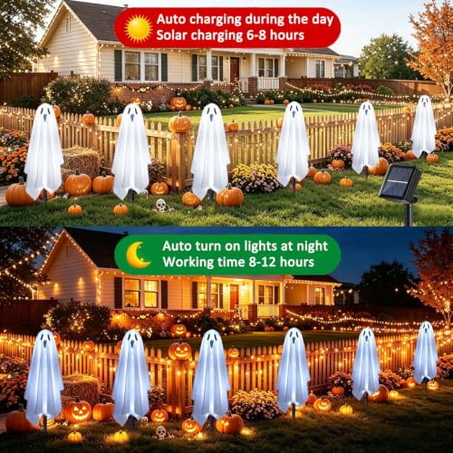 Solar Ghost Lights Outdoor Halloween Decoration Set of 6 Spooky Pathway Stake Lights