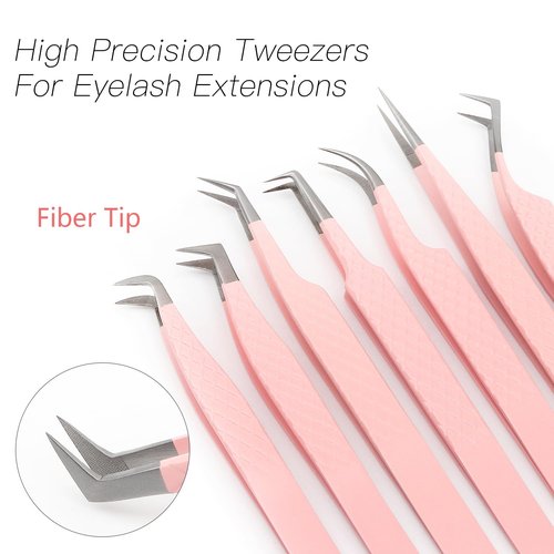 Lash Tweezers For Eyelash Extensions Fiber Tip Lash Tweezers Pink Straight/Curved Tweezer(Pink,X02)