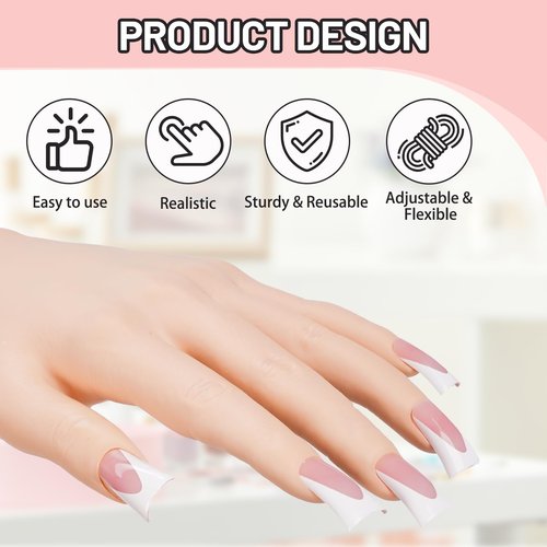 Naughtology Silicon Practice Hand for Acrylic Nails, Realistic Fake Hand with Stand, 40 Nail Tips and 48 Adhesive Tabs, Reusable & Flexible Mannequin Training Model for Manicure & Nail Art Practice