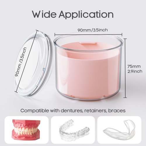 Denture Bath Cup with Cleaning Brush, Large Soaking Container with Strainer Basket for False Teeth & Night Guard, Oral Care Storage Holder for Home Use, Pink