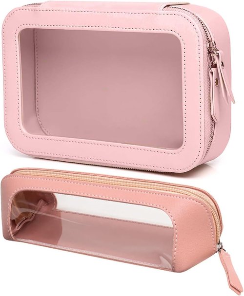 Skiennix Clear Waterproof Makeup Bag - Portable Travel Cosmetic Organizer for Women | Pink 2-Pack