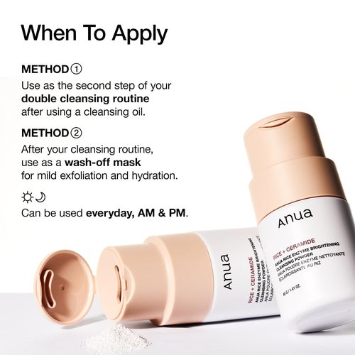 ANUA Rice Enzyme Brightening Cleansing Powder, Exfoliating Powder-to-Foam Cleanser, Smooth Texture & Clarity, Hydrating & Gentle Formula, Korean Skincare,1.41 fl.oz