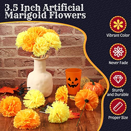 Artificial Silk Marigold Flowers with Stems - Orange & Yellow, 100 Pieces