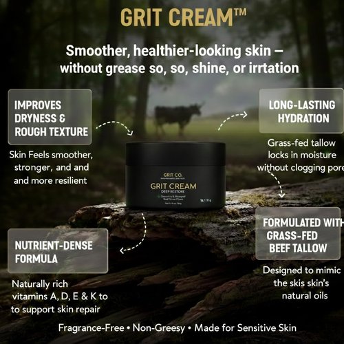 Beef Tallow for Men's Face & Skin – GRIT CREAM – Anti Aging Wrinkle Cream Moisturizer – Unscented Whipped Balm – 3.4 oz