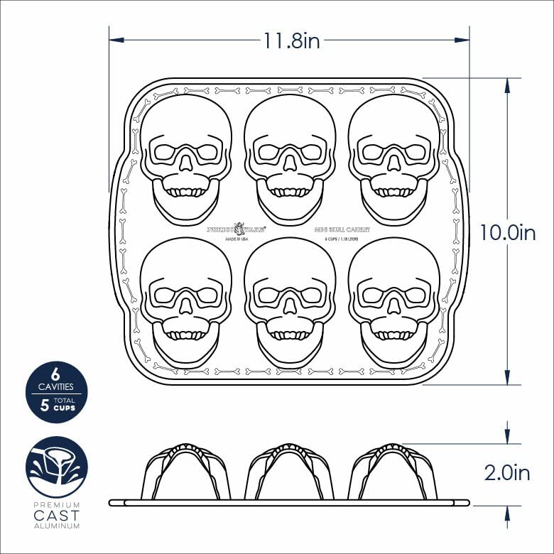 Halloween Skull Cakelet Pan - 11.8 x 10 Inch Bronze Cast Aluminum Bakeware