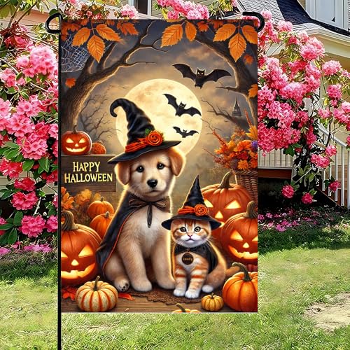 Halloween Garden Flag 12x18 Dog Cat Pumpkin Welcome - Variation 08