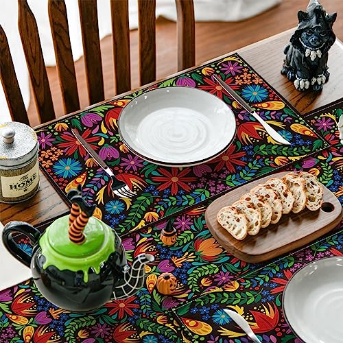 Mexican Cinco De Mayo Placemats Set of 4 - 12x18 Inch Floral Fiesta Decor, Black Variation