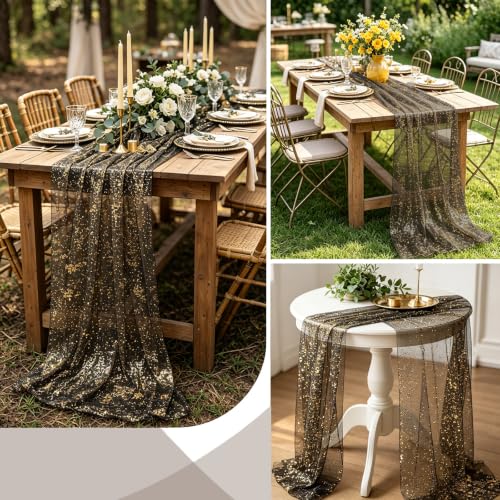 Black Gold Glitter Gauze Table Runner 120 Inch Metallic Sheer Decor - Variation: Black Gold
