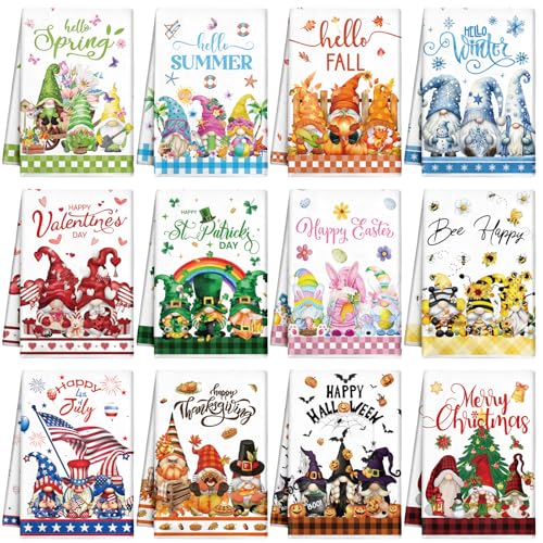 Seasonal Kitchen Towels Set - 12 Bright Gnome Designs for All Holidays