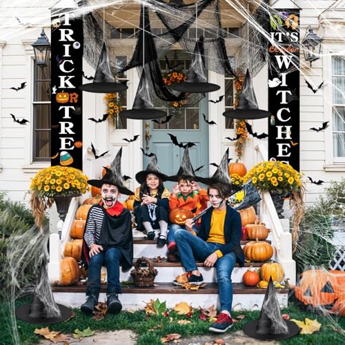 Halloween Outdoor Decorations Set with Banners Witch Hats Bats Creepy Cloth