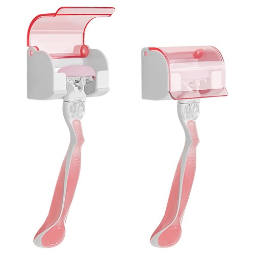 LUEXBOX 2 Pack Razor Holder with Cover for Shower Wall, Self Adhesive Razor Stand Shaver Organizer, Plastic Razor Hanger Hooks Compatible with Fusion 5 Proglide, Mach 3 Classic (Clear Pink)