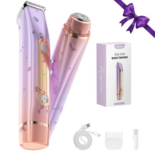 Arysn Bikini Trimmer for Women, 2 in 1 Dual Head Rechargeable Electric Shaver, Painless Pubic Hair Trimmer for Underarm Leg Arm Body Face– IPX7 Waterproof & Travel-Friendly, GoldPurple